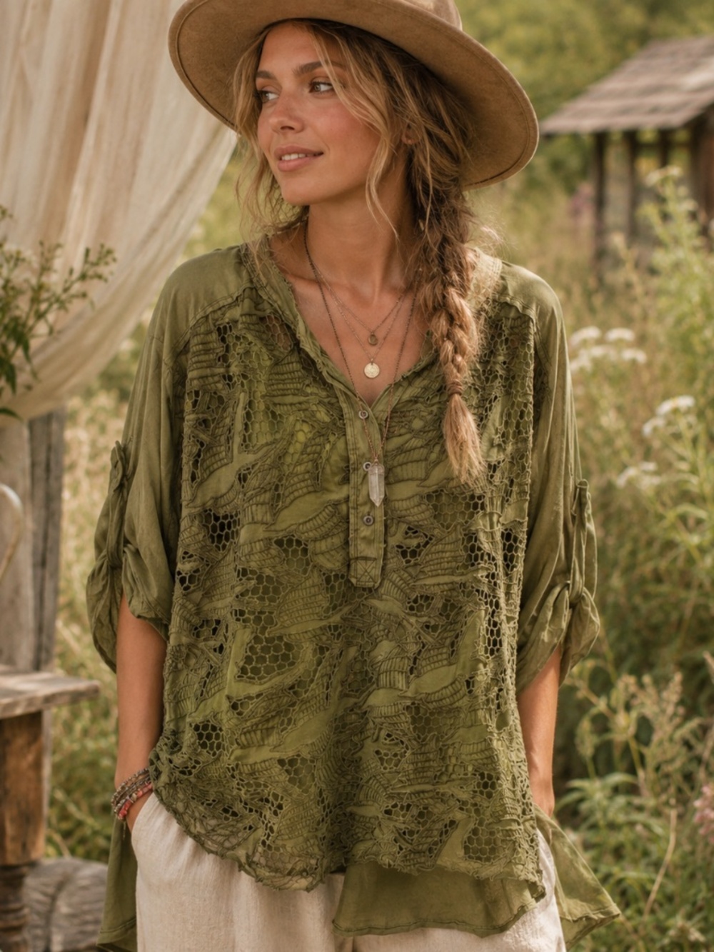 We The Free Olive Green Lace Crochet Button-Front Blouse